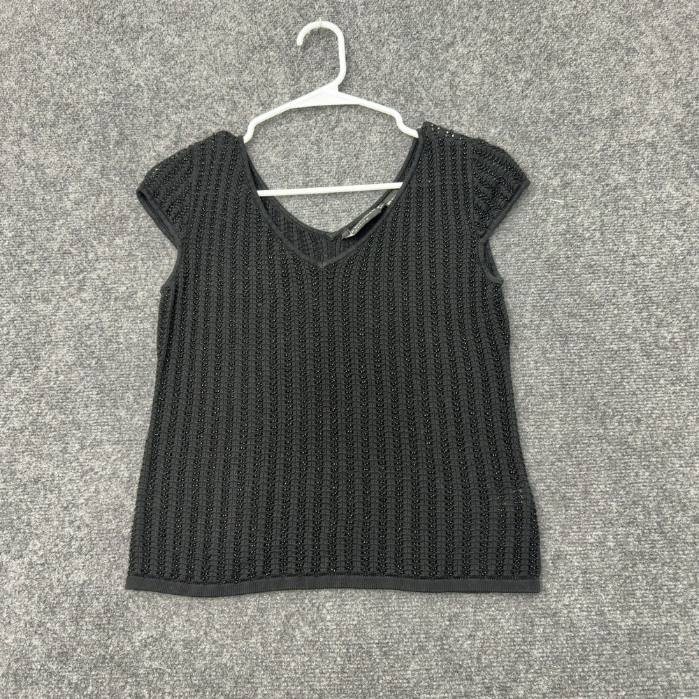 Vintage Dana Buchman Top Womens PM Black Silk Beaded V Neck Knit Evening Luxe